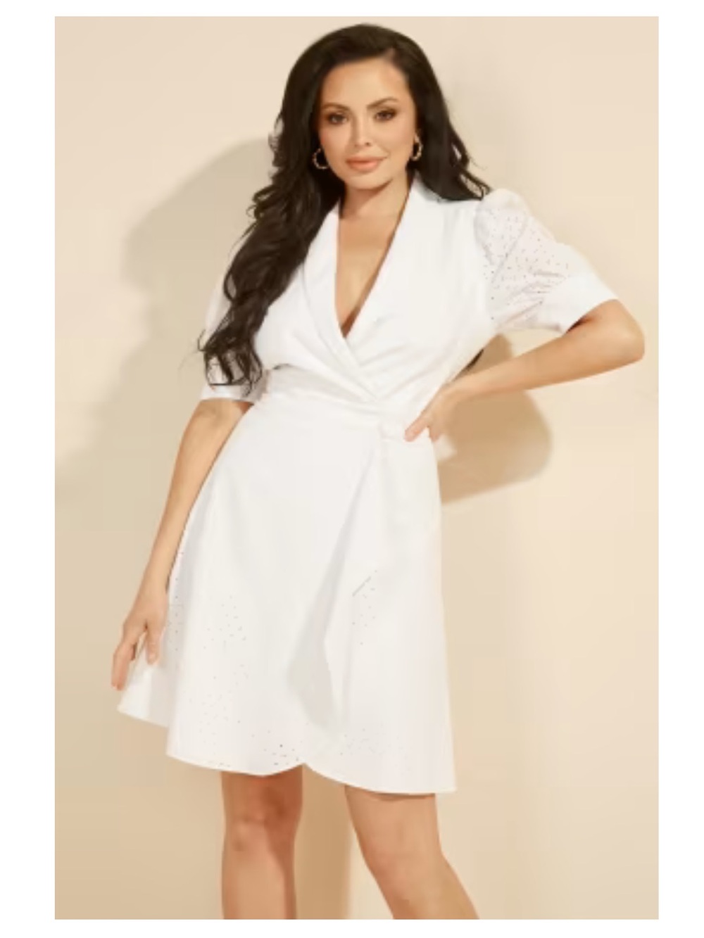 Marciano White Wrap Eyelets Dress with Puff Sleeves - Size M